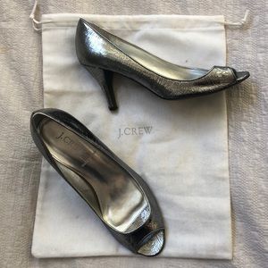 Metallic pewter J Crew peep toe pumps size 7